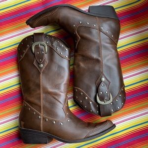Brown Buckle Detail Cowboy Boots Size 8